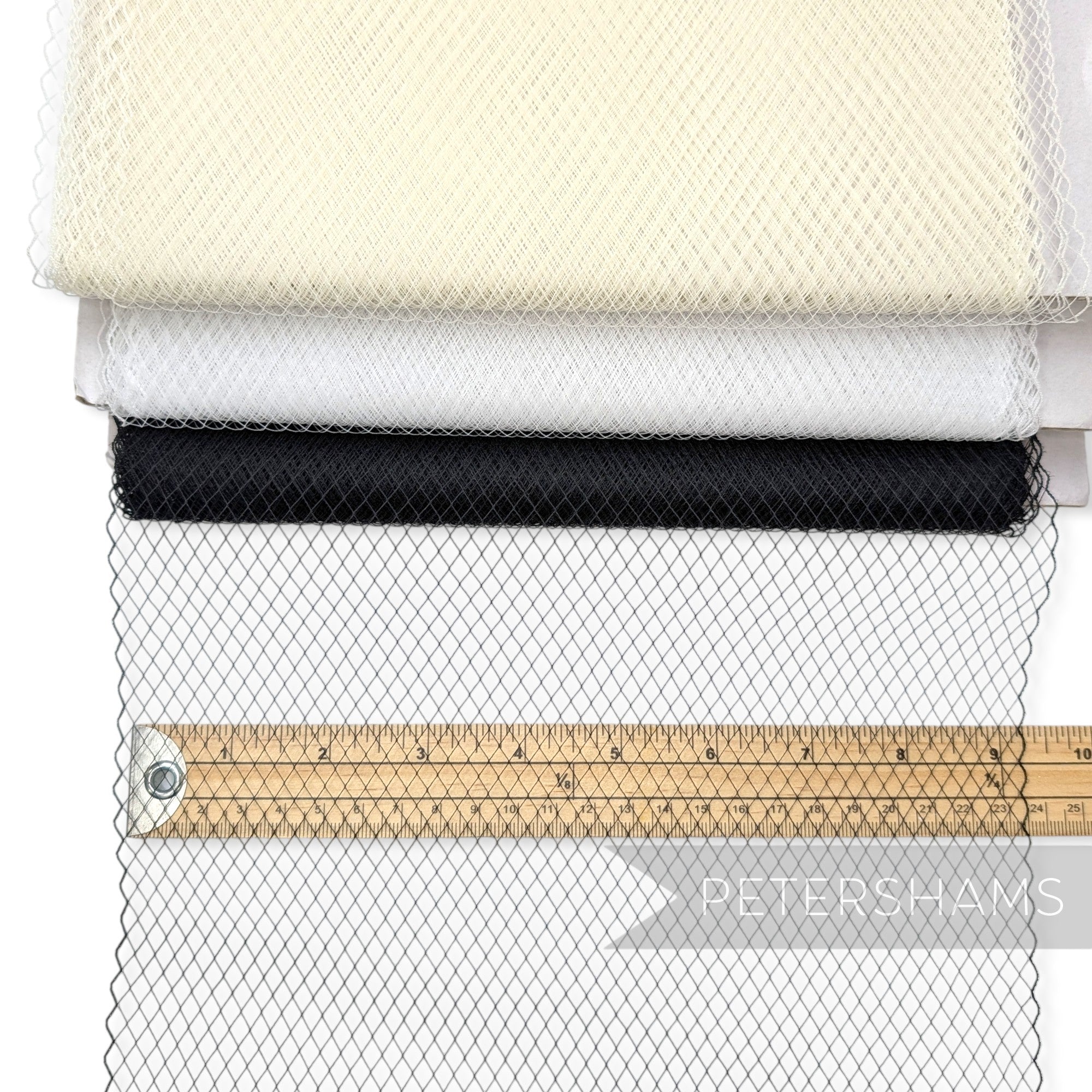 Petershams Millinery Supplies fine weave veiling with 5mm diamonds and scalloped edges, shown in black, white, and cream.
