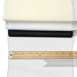Petershams Millinery Supplies fine weave veiling with 5mm diamonds and scalloped edges, shown in black, white, and cream.