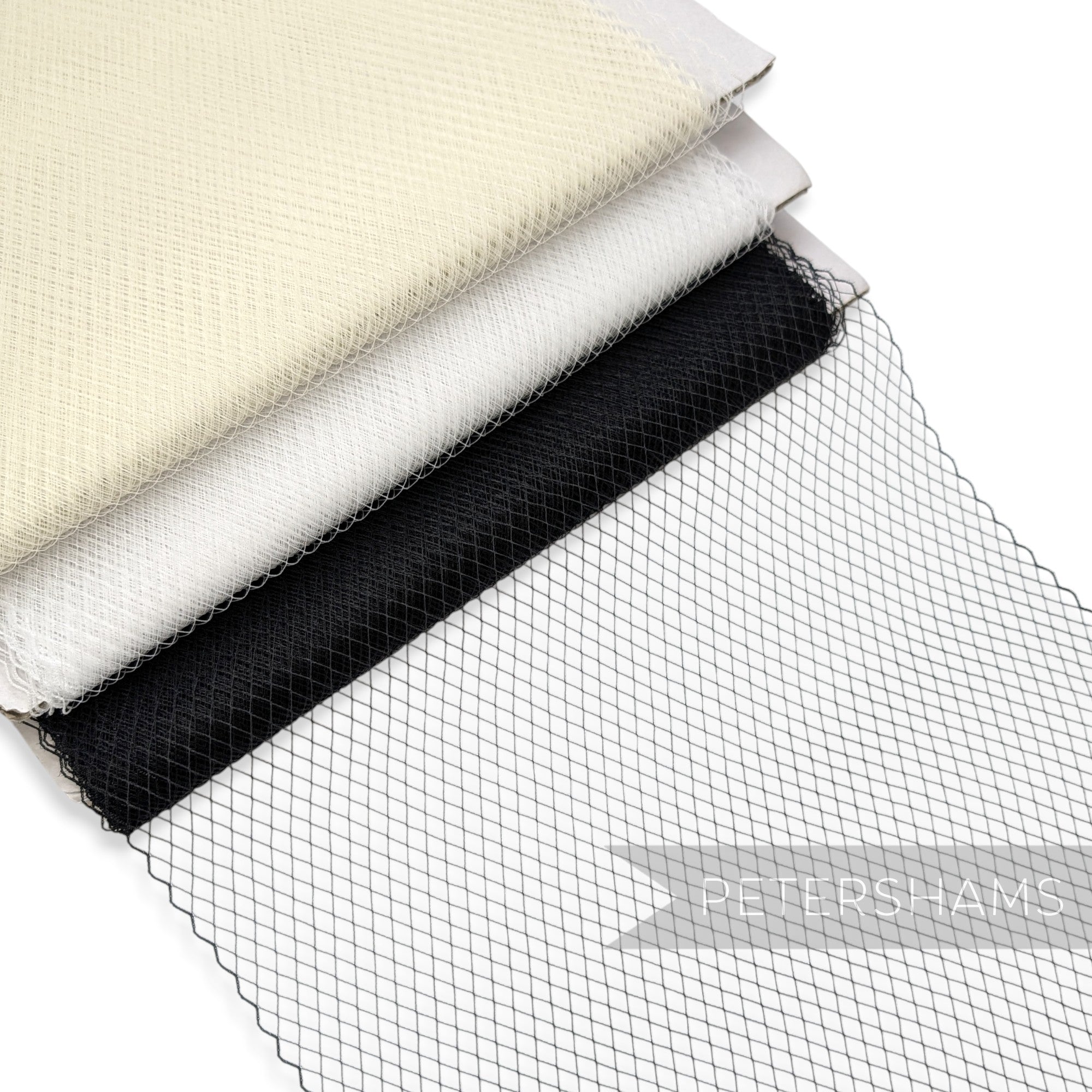 Petershams Millinery Supplies fine weave veiling with 5mm diamonds and scalloped edges in cream, white, and black.