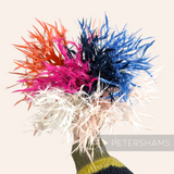 Petershams Millinery Supplies firework goose biot feather mount in vibrant orange, pink, blue, and white shades.