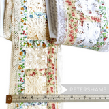 Petershams Millinery Supplies floral cotton patchwork trim with white lace edges and intricate lace flower inserts.