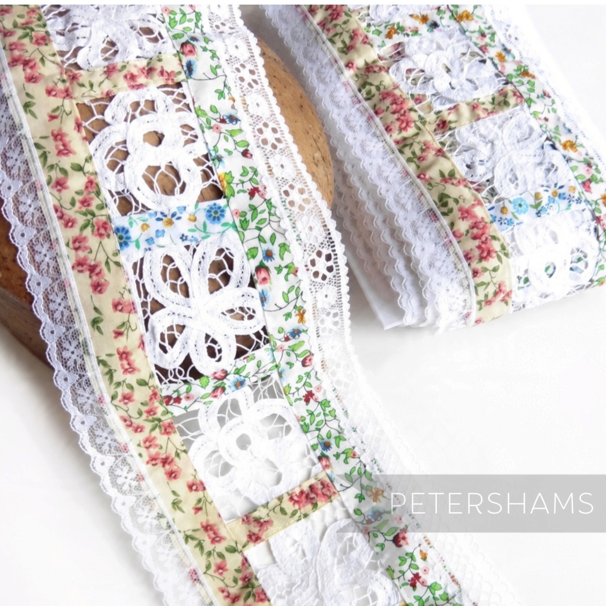 Petershams Millinery Supplies floral cotton fabric trim with white lace flowers and scalloped edges for sewing projects