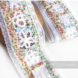 Petershams Millinery Supplies floral cotton fabric trim with white lace flowers and scalloped edges for sewing projects
