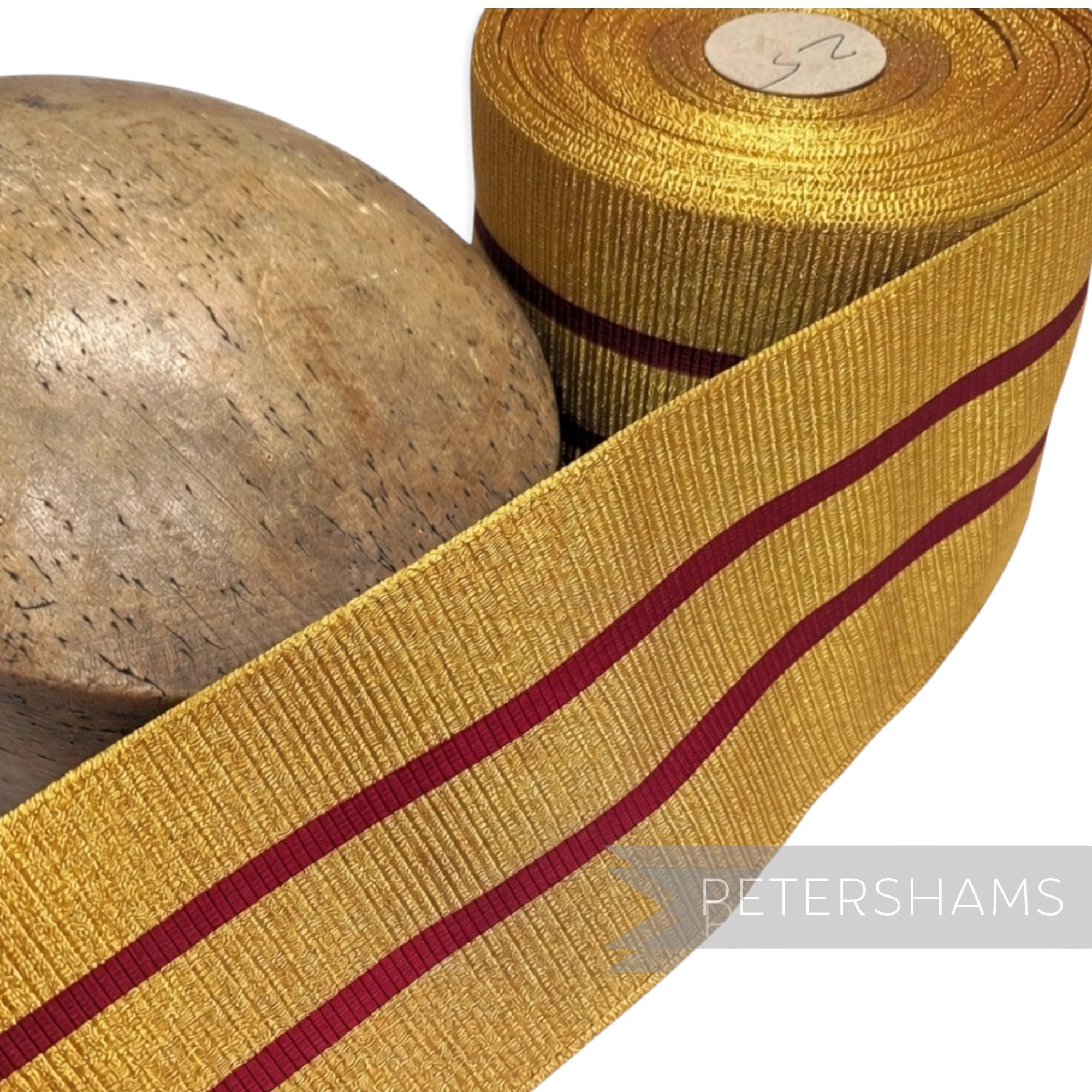 Petershams Millinery Supplies 95mm metallic gold and burgundy vintage woven ribbon for regalia and millinery projects.