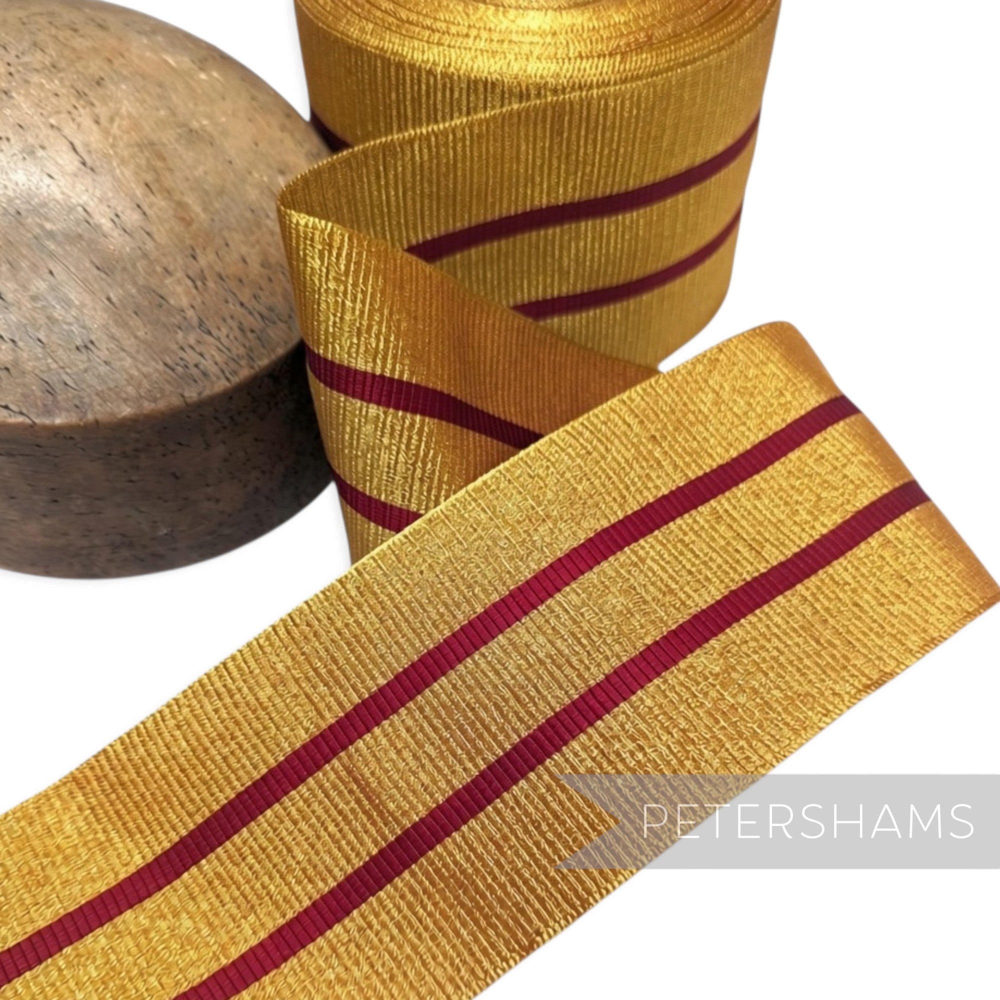 Petershams Millinery Supplies 95mm metallic gold and burgundy vintage woven ribbon for regalia and millinery projects.