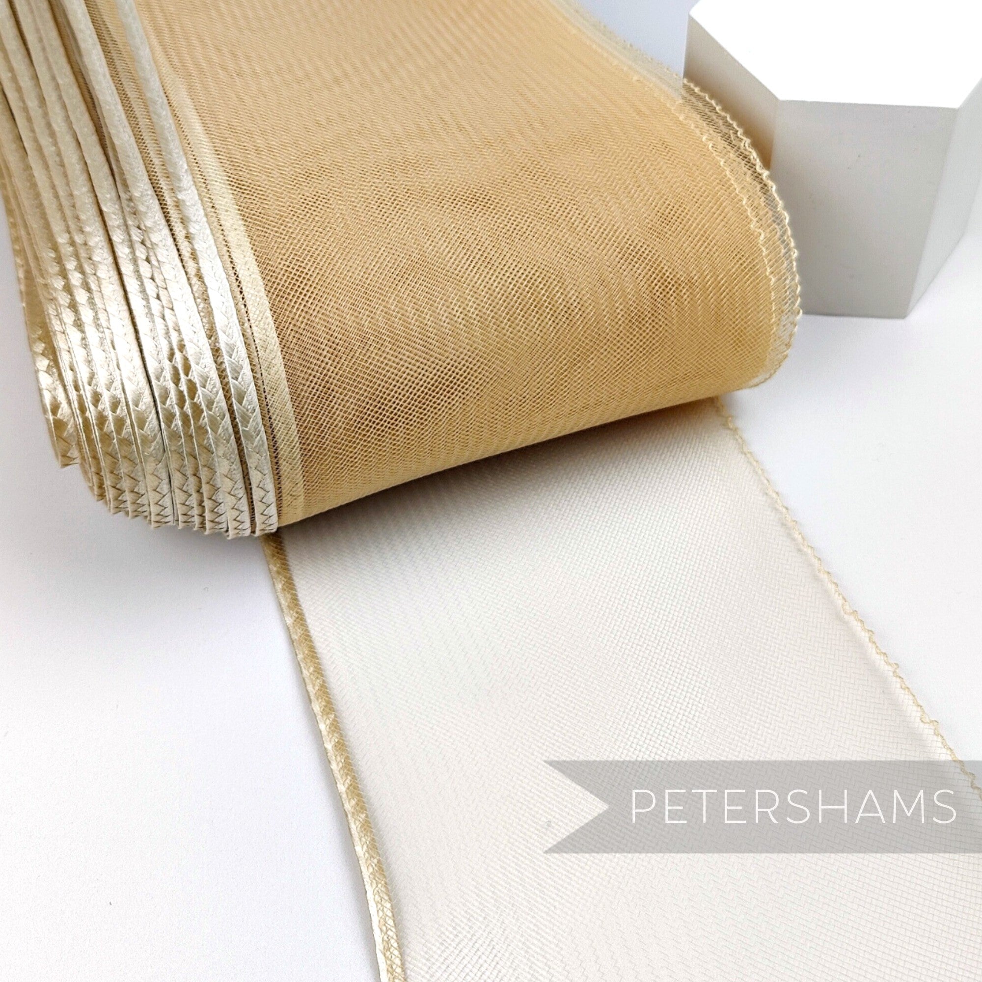 Petershams Millinery Supplies 15cm wide gold crinoline ribbon with a shiny polybraid edge for hat making
