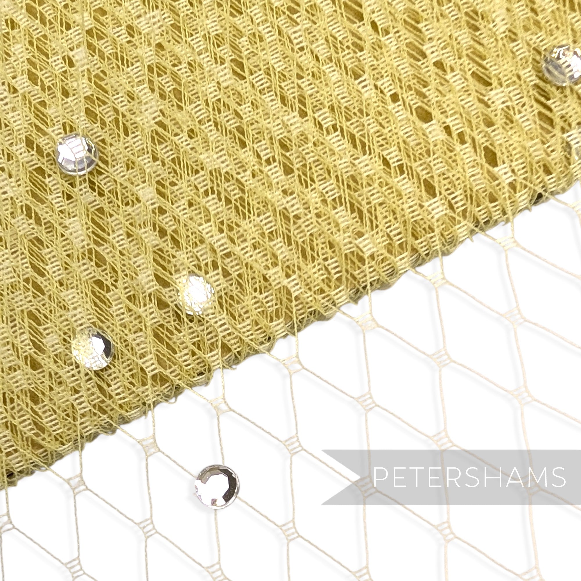 Petershams Millinery Supplies gold diamond-patterned veiling with clear acrylic diamante rhinestones for millinery