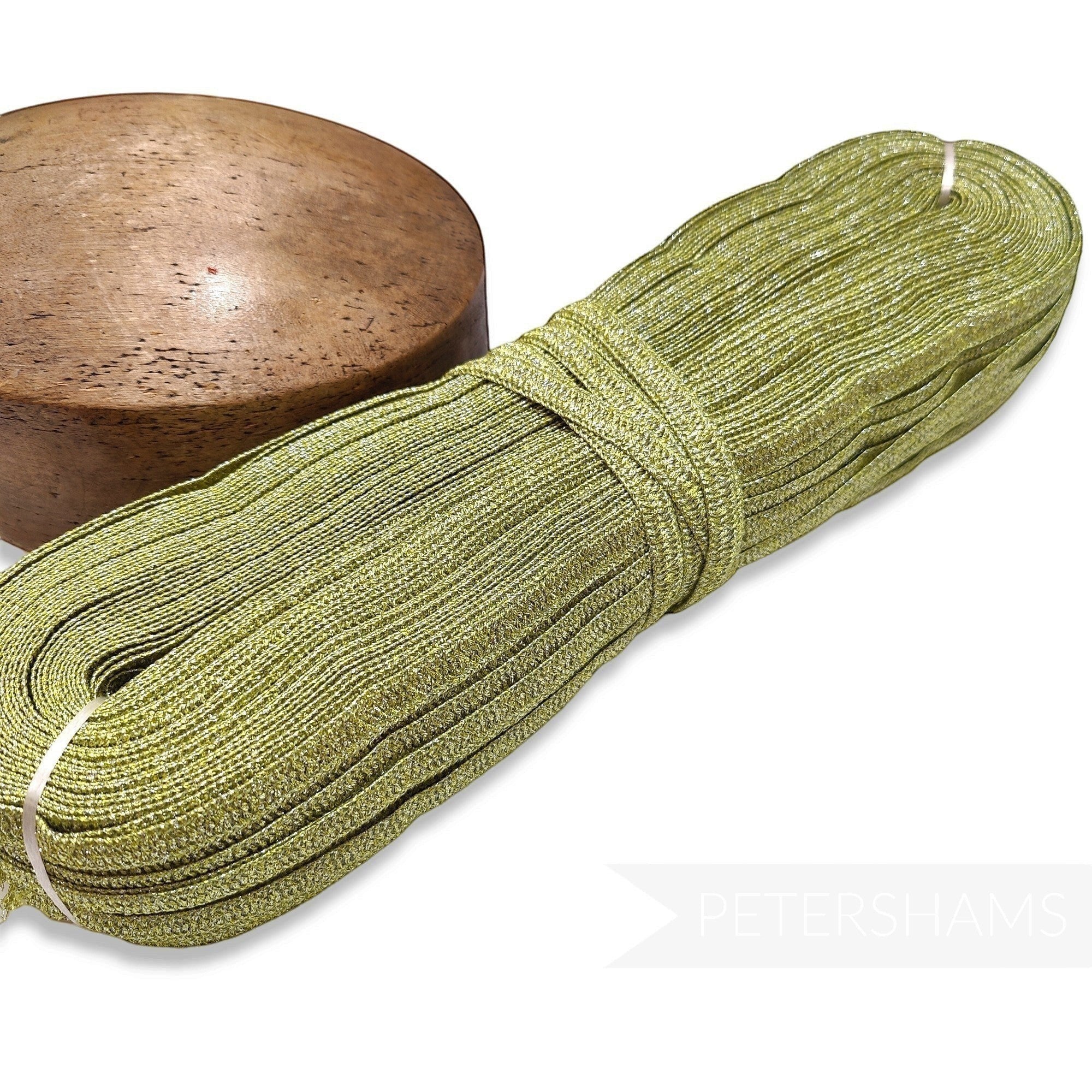Petershams Millinery Supplies 10mm metallic gold lurex threaded crinoline hat braid hank for millinery projects.