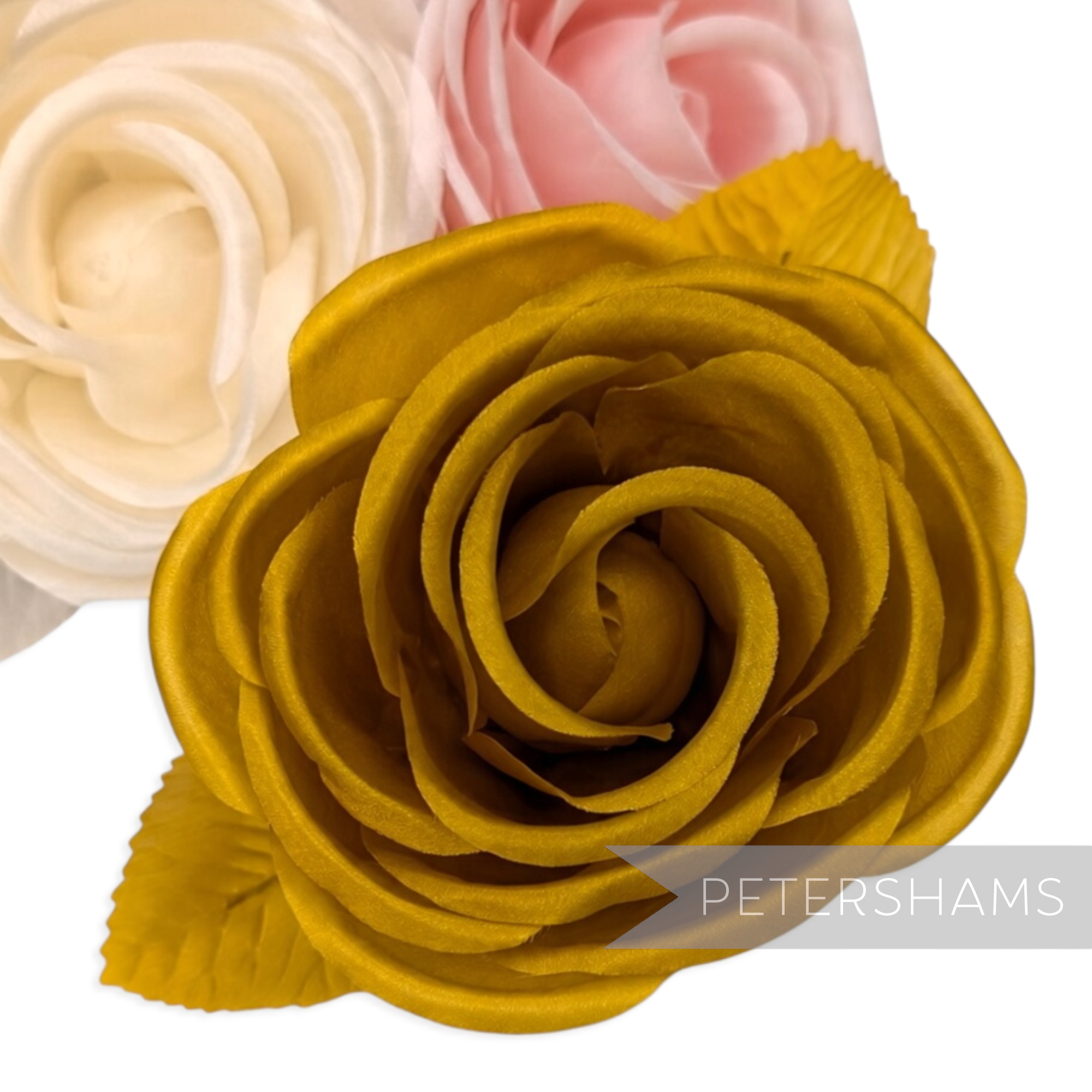 Petershams Millinery Supplies Carmel 9cm gold silk rose flower hat mount with wired leaves and stem