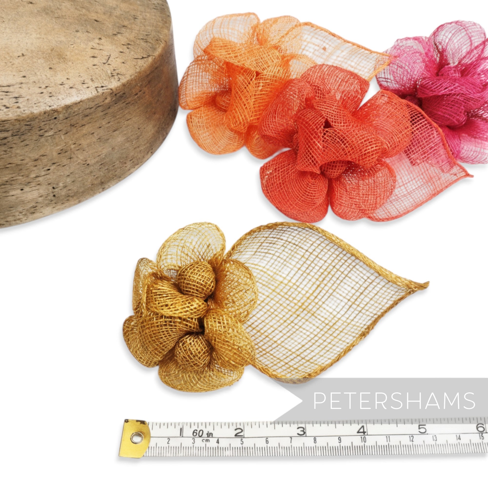 Petershams Millinery Supplies Zoe triple flower sinamay hat mount in gold with leaf backing. Handmade, unique design.