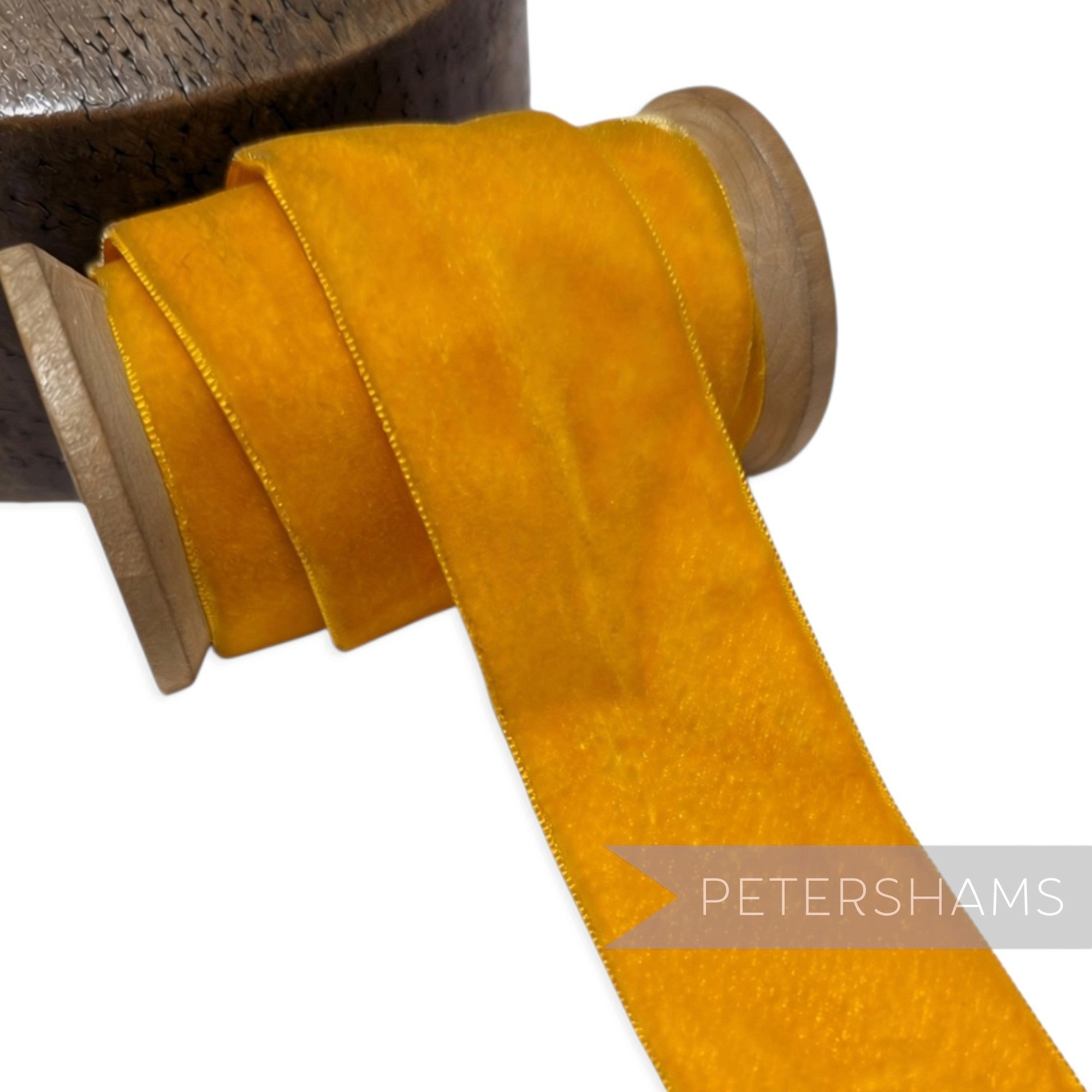 Petershams Millinery Supplies 38mm golden yellow vintage velvet ribbon on a wooden spool with satin backing