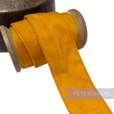 Petershams Millinery Supplies 38mm golden yellow vintage velvet ribbon on a wooden spool with satin backing