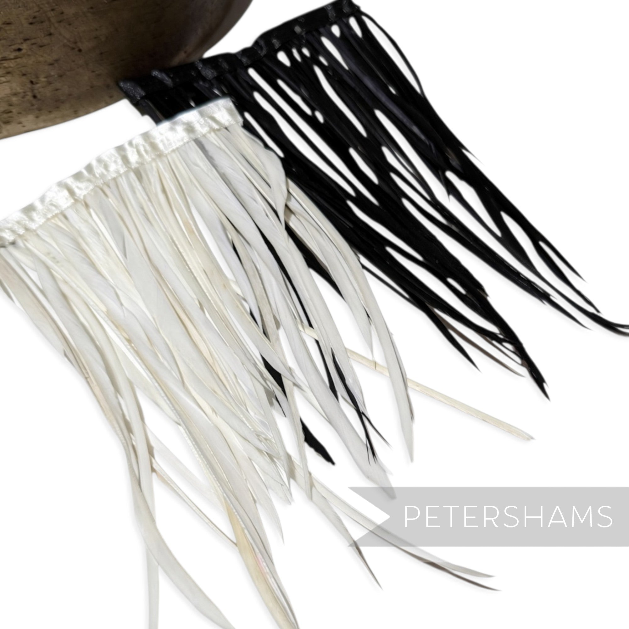 Petershams Millinery Supplies extra long goose biot feather fringe in black and white on satin ribbon binding