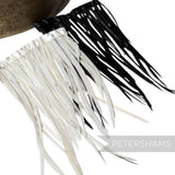 Petershams Millinery Supplies extra long goose biot feather fringe in black and white on satin ribbon binding