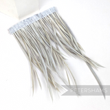 Petershams Millinery Supplies extra long goose biot feather fringe in light grey on a satin ribbon binding