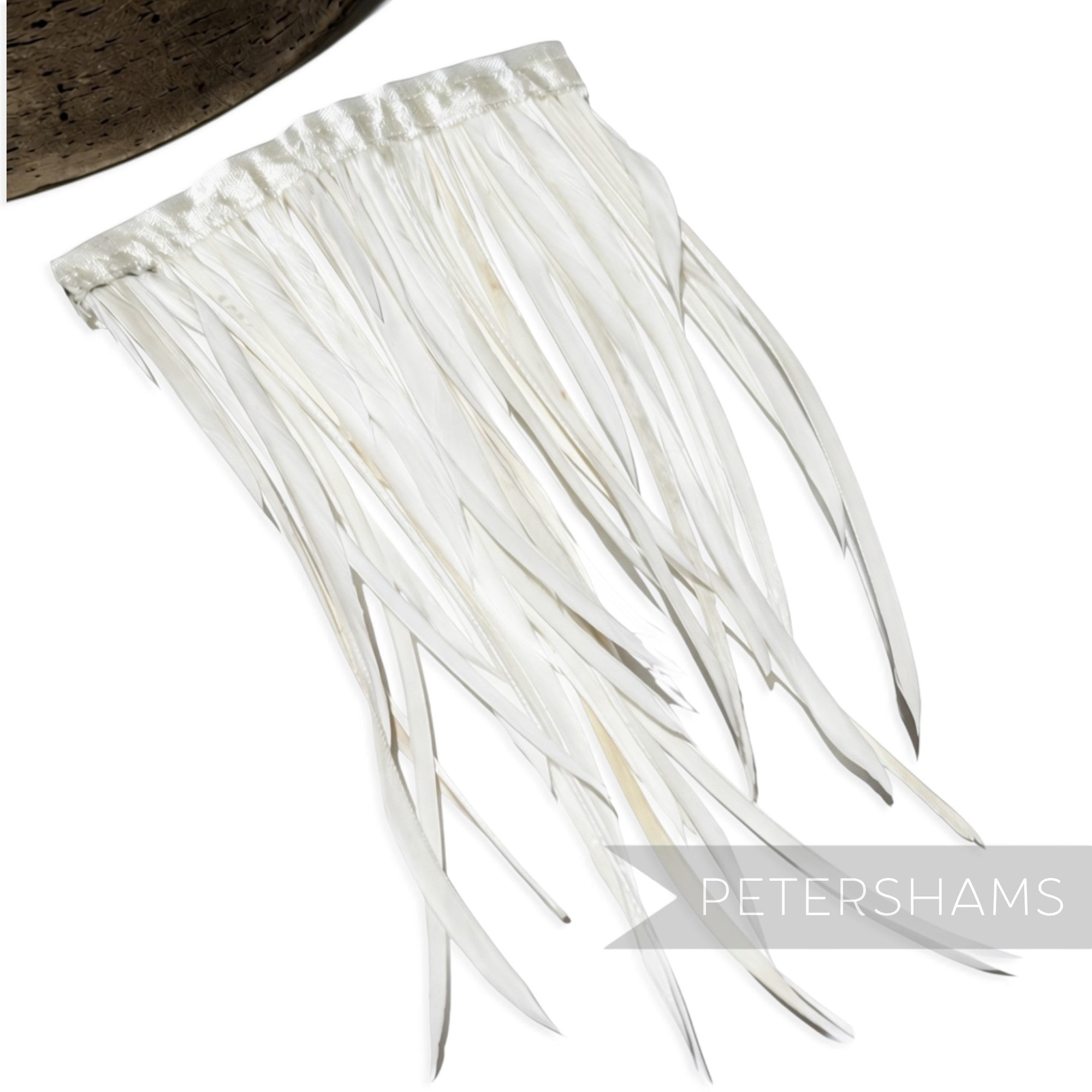 Petershams Millinery Supplies extra long ivory goose biot feather fringe on a stitched satin ribbon binding