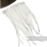 Petershams Millinery Supplies extra long ivory goose biot feather fringe on a stitched satin ribbon binding