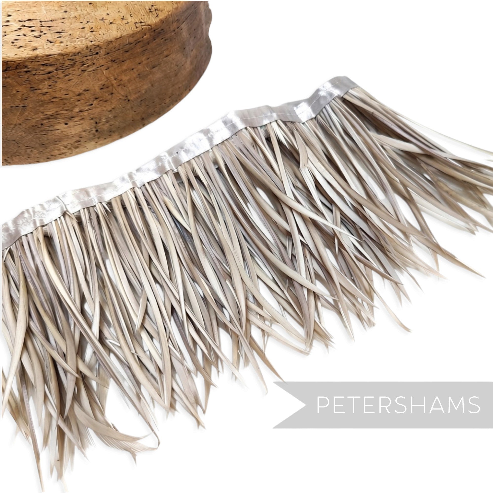 Petershams Millinery Supplies goose biot feather fringe in a neutral taupe shade with satin ribbon binding.