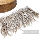Petershams Millinery Supplies goose biot feather fringe in a neutral taupe shade with satin ribbon binding.