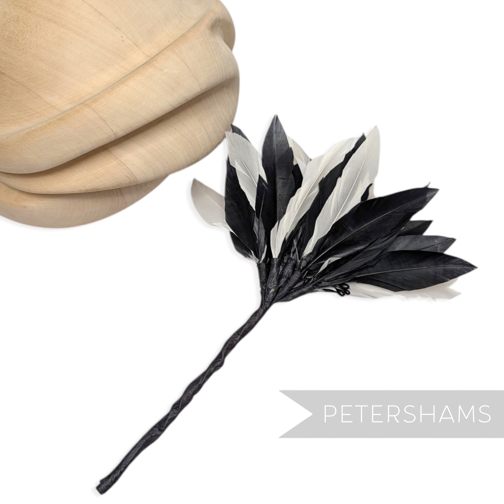 Petershams Millinery Supplies Kay black and white goose feather pom flower hat mount with wired stem