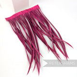 Petershams Millinery Supplies extra long goose cerise biot feather fringe on a stitched satin ribbon binding