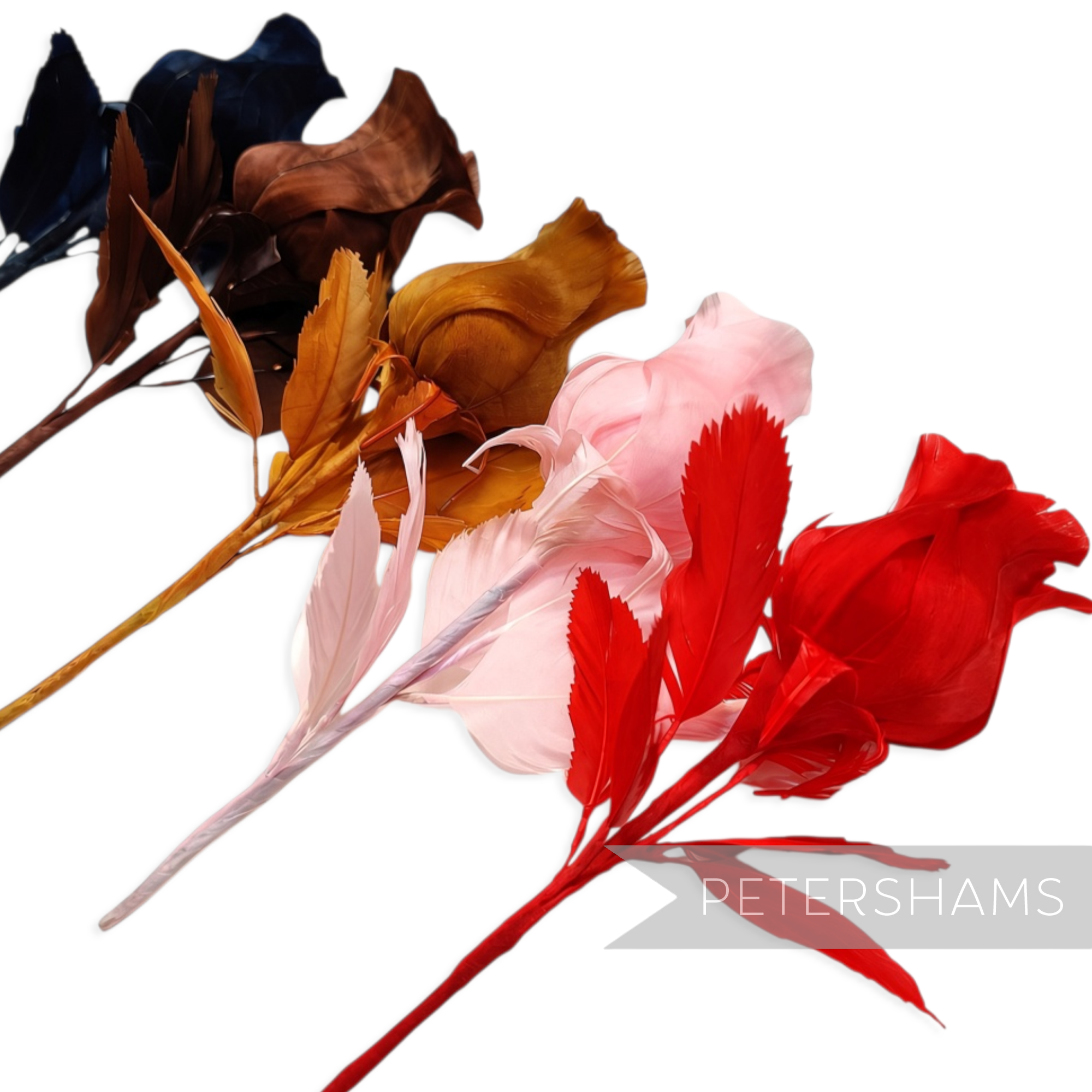 Petershams Millinery Supplies Belle goose feather rosebud hat mounts in red, pink and brown