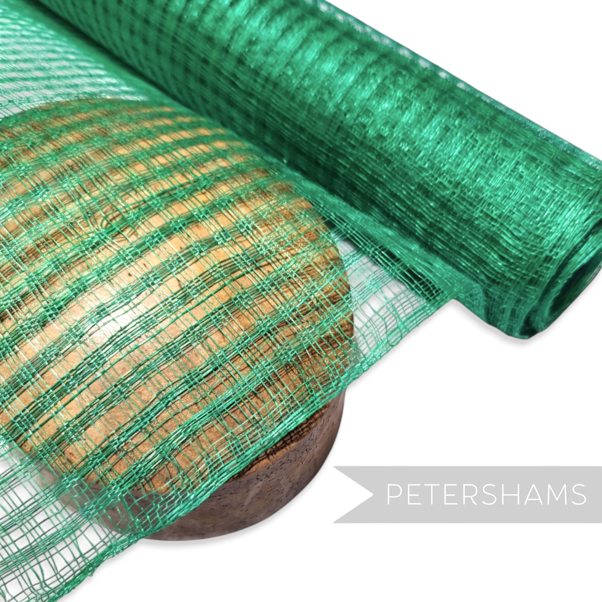 Petershams Millinery Supplies green basket weave sinamay fabric with a large open weave, ideal for hat making.
