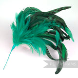 Petershams Millinery Supplies emerald green chinchilla pattern coque and hackle feather hat mount on wire