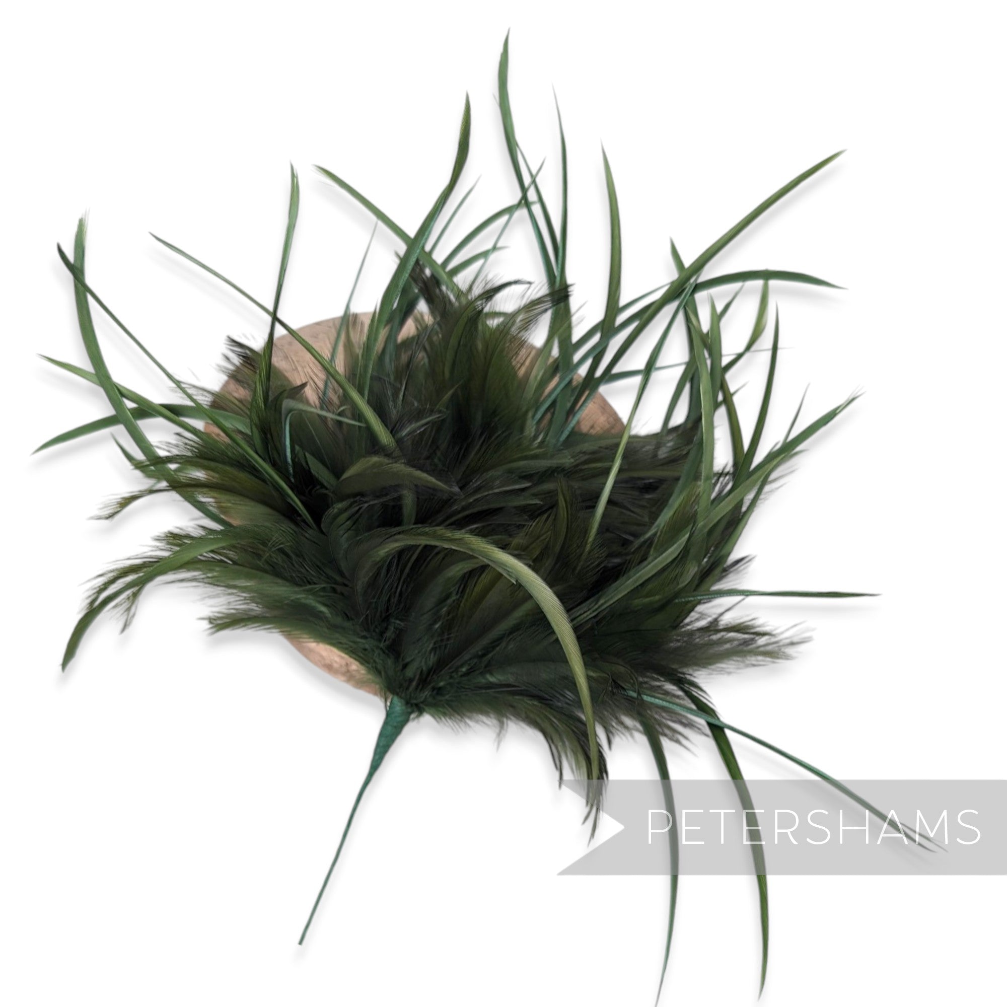 Petershams Millinery Supplies dark green mega hackle and goose biot feather hat mount with five wired sections