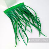 Petershams Millinery Supplies extra long emerald green goose biot feather fringe on a satin ribbon binding