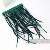 Petershams Millinery Supplies extra long bottle green goose biot feather fringe on a stitched satin binding