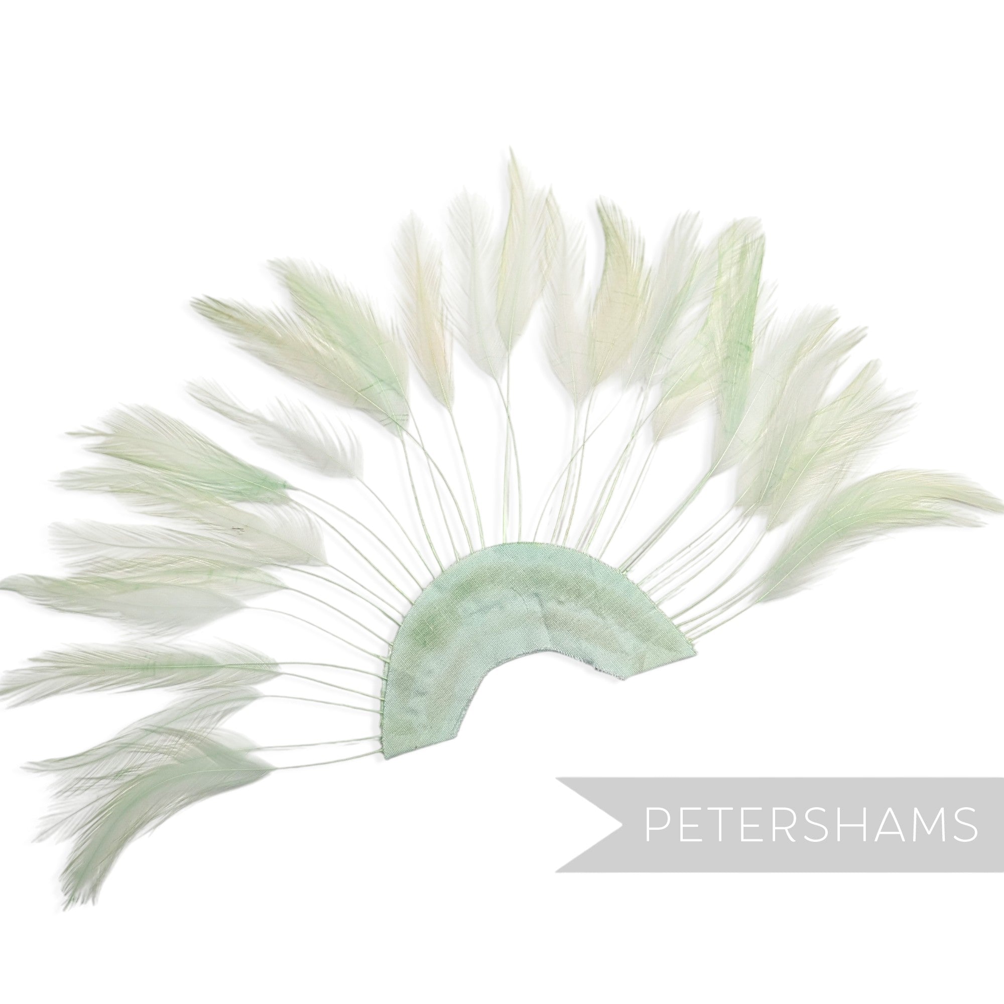 Petershams Millinery Supplies mint  stripped hackle feather fan on a cotton base for hat and fascinator trimming