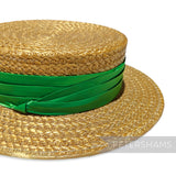 Petershams Millinery Supplies green pleated satin puggaree hat band wrapped around a natural straw boater hat