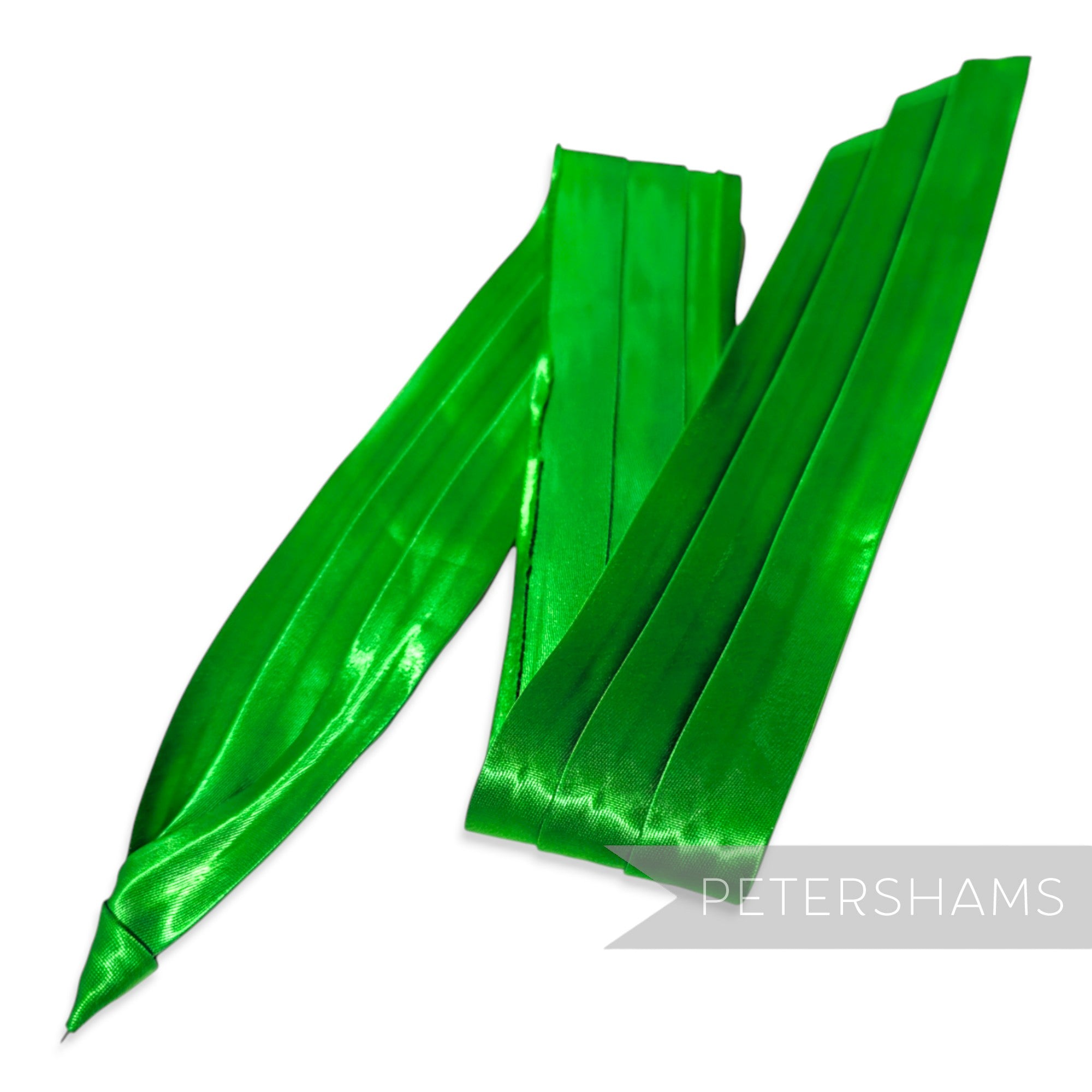 Petershams Millinery Supplies bright green pleated satin puggaree hat band with a metal pin tab for easy attachment.