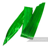 Petershams Millinery Supplies bright green pleated satin puggaree hat band with a metal pin tab for easy attachment.