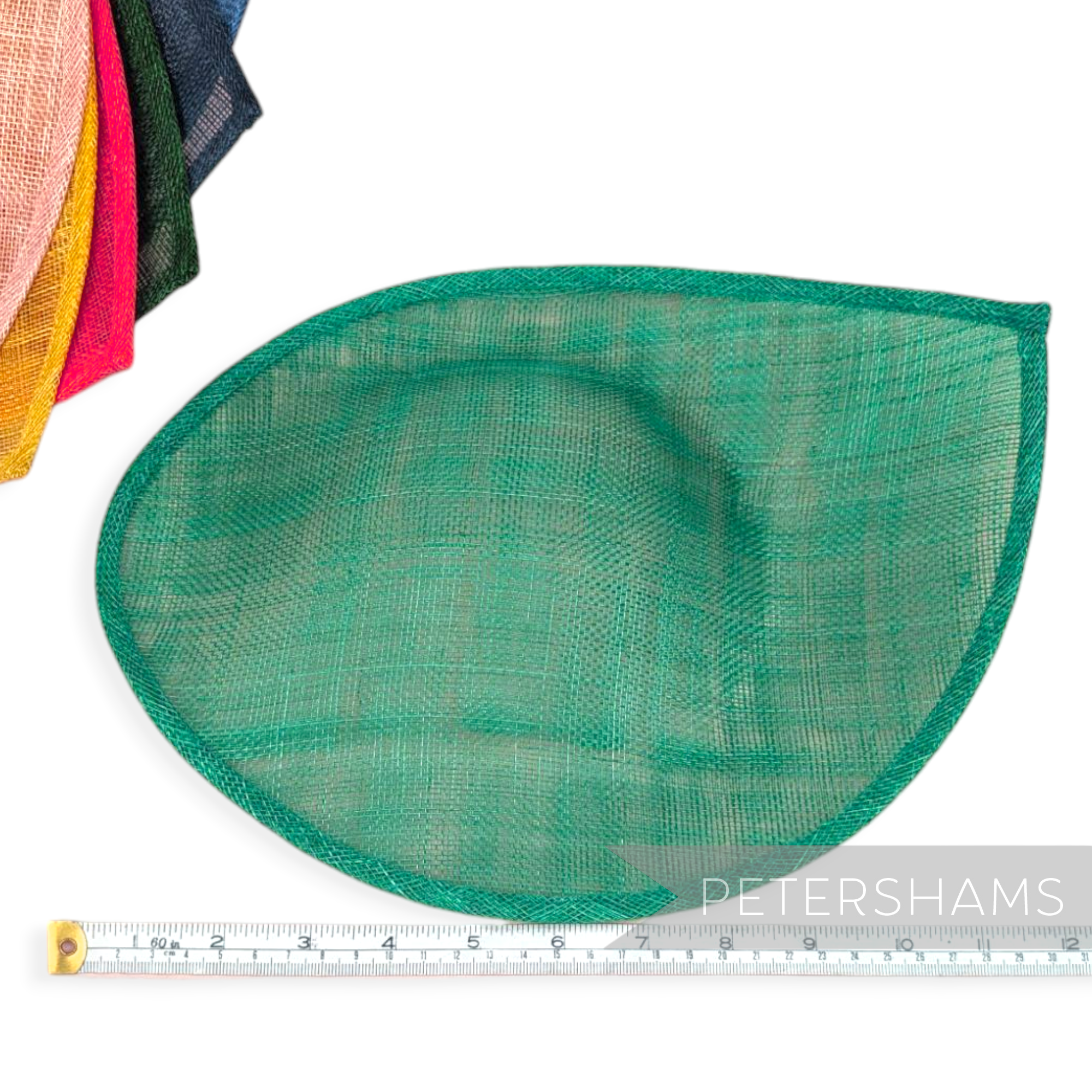 Petershams Millinery Supplies Diana emerald green sinamay fascinator hat base with a pointed scallop edge and crown indent.