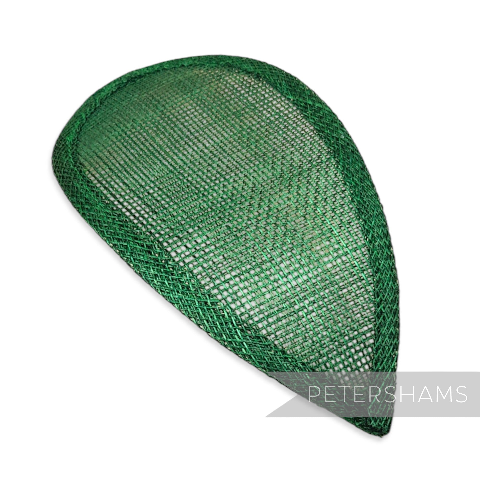 Petershams Millinery Supplies bottle green teardrop shaped sinamay hat base with wired edges for custom millinery designs.