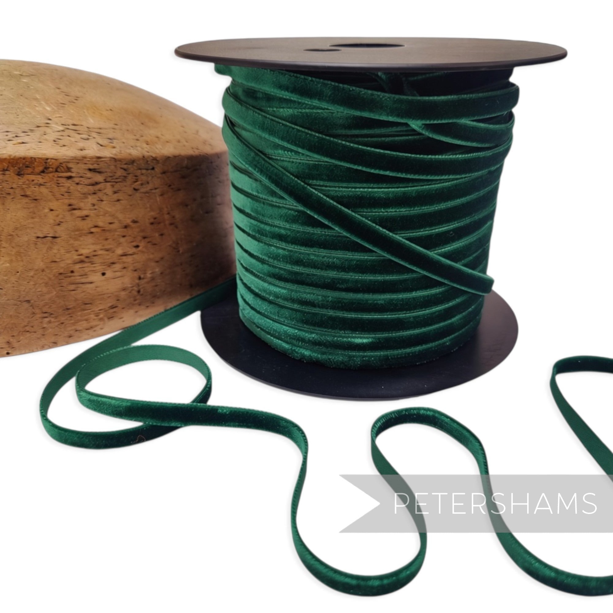 Petershams Millinery Supplies 7mm bottle green French velvet ribbon on a spool