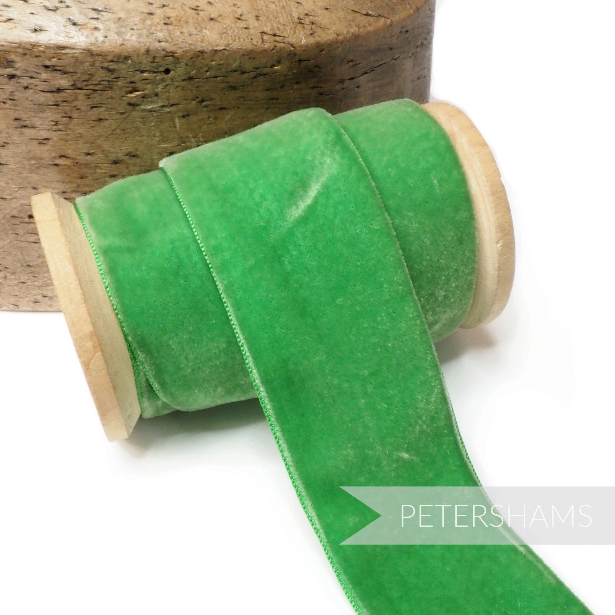 Petershams Millinery Supplies 38mm wide vintage taffeta green rayon velvet ribbon on a wooden spool