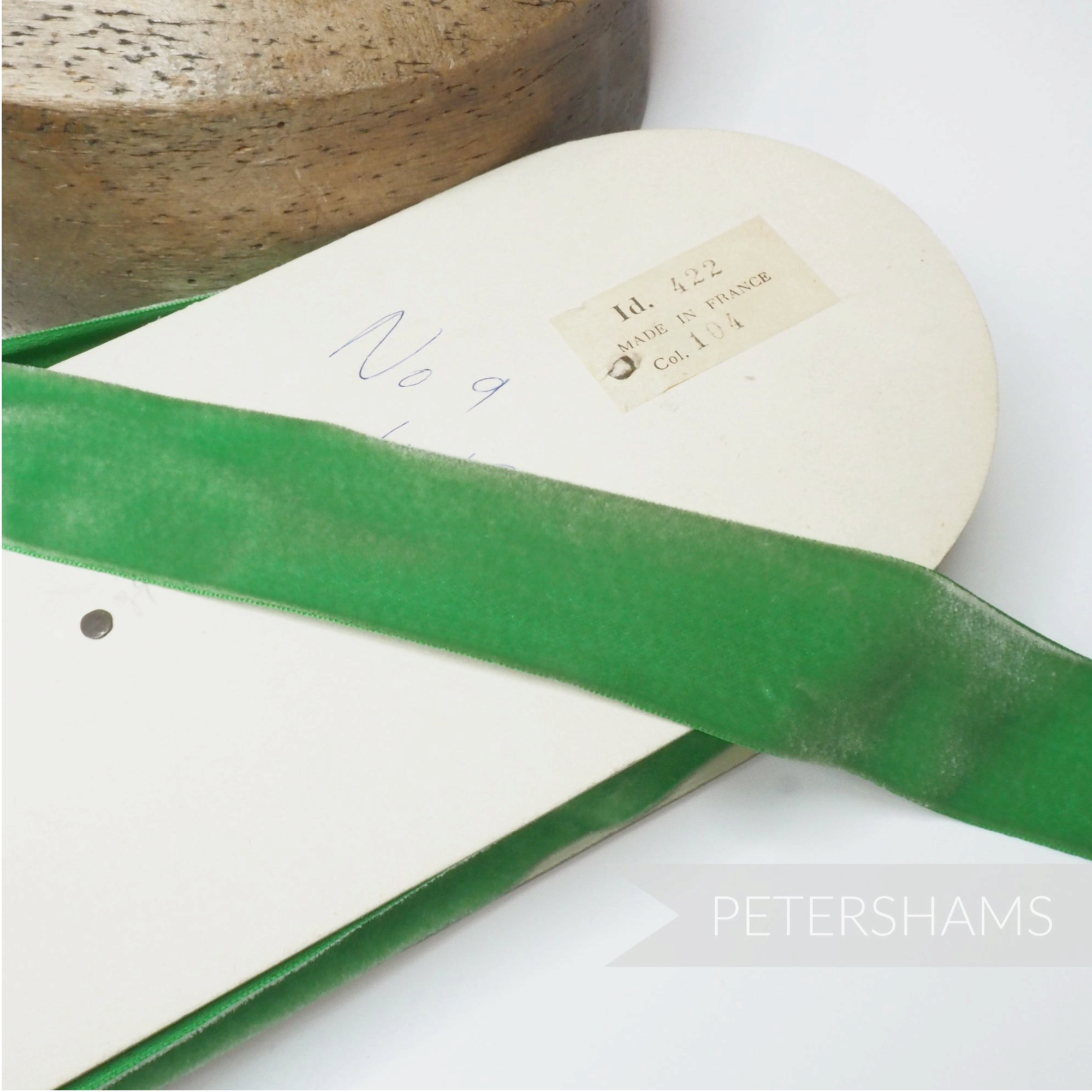 Petershams Millinery Supplies 38mm wide green vintage velvet ribbon on a card spool with French origin label