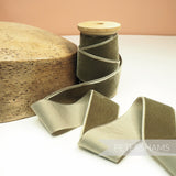 Petershams Millinery Supplies 36mm wide sage green French velvet ribbon on a wooden spool next to a millinery block