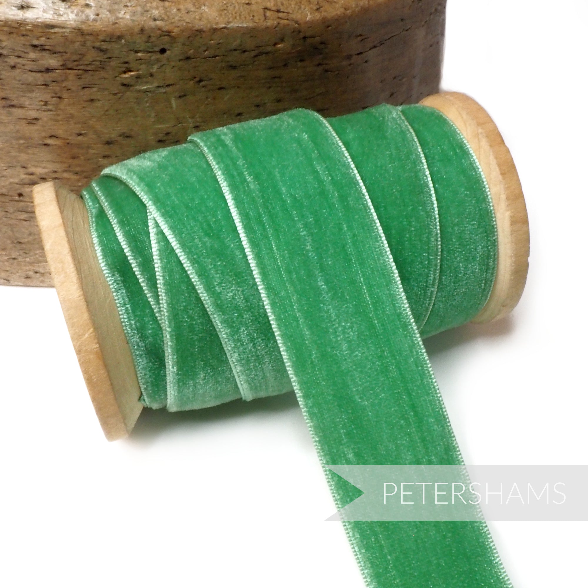 Petershams Millinery Supplies 24mm wide vintage  apple green rayon velvet ribbon on a wooden spool