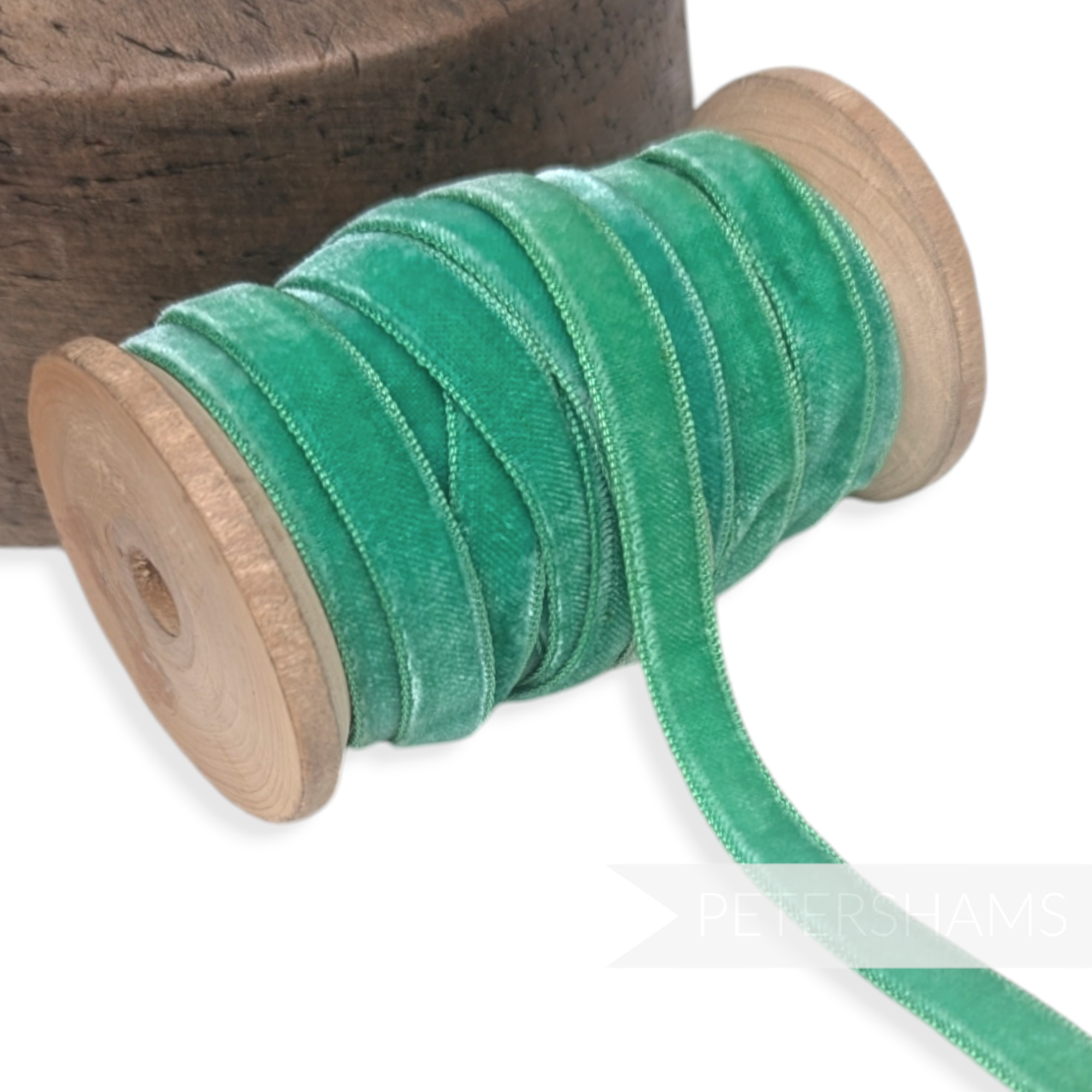 Petershams Millinery Supplies 10mm vintage green rayon velvet ribbon on a wooden spool for millinery and crafts