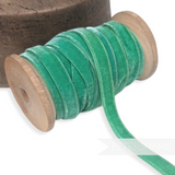 Petershams Millinery Supplies 10mm vintage green rayon velvet ribbon on a wooden spool for millinery and crafts