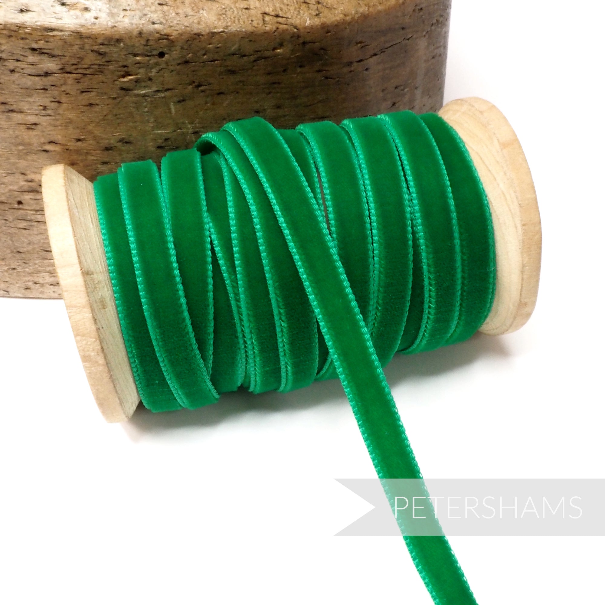 Petershams Millinery Supplies 7mm emerald green vintage velvet ribbon on a wooden spool for millinery and crafts