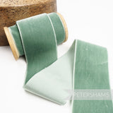 Petershams Millinery Supplies 50mm wide vintage mint French velvet ribbon on a wooden spool for millinery and crafts.