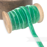 Petershams Millinery Supplies 10mm wide vintage green rayon velvet ribbon on a wooden spool