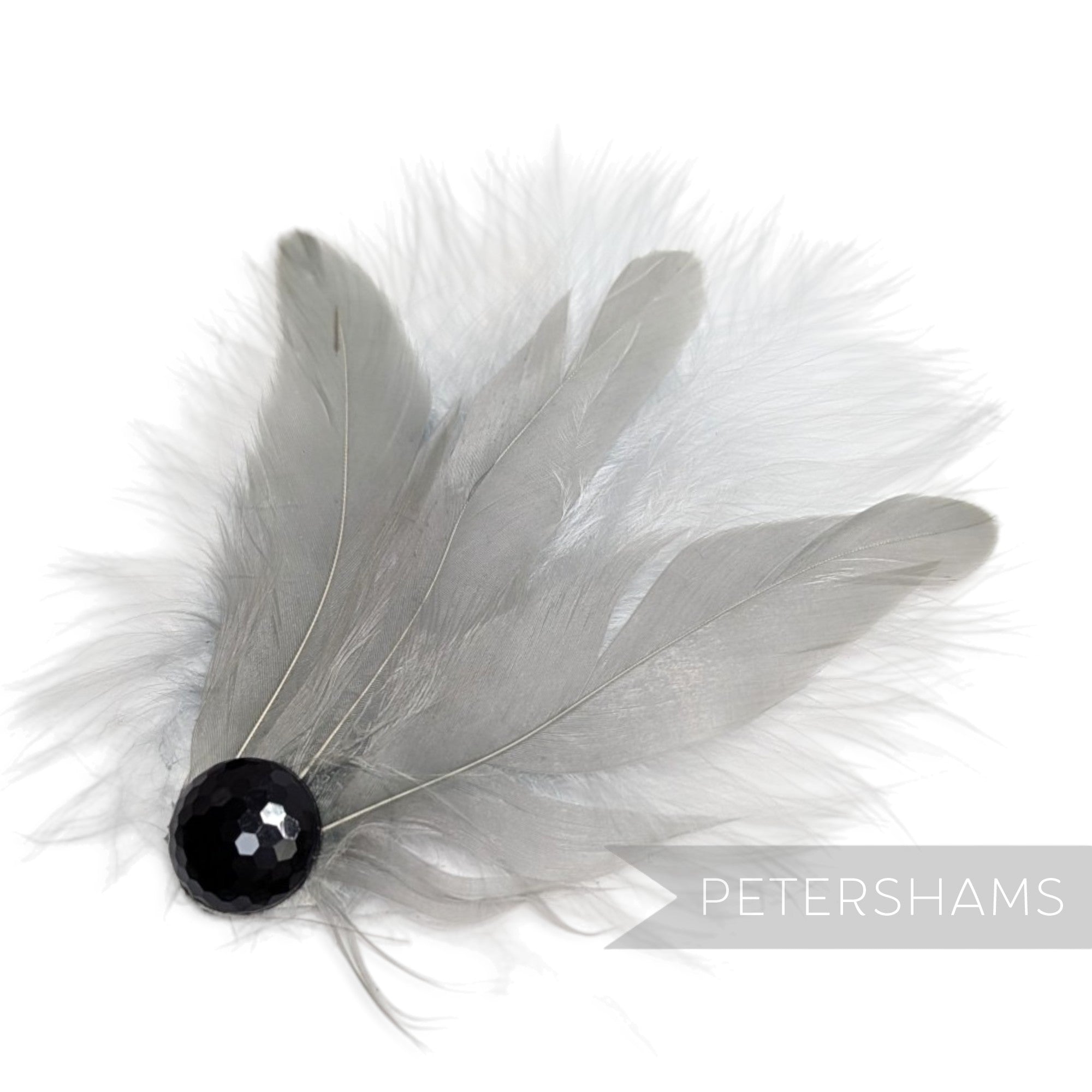 Petershams Millinery Supplies grey marabou and coque feather hat mount with a faceted black bead accent.