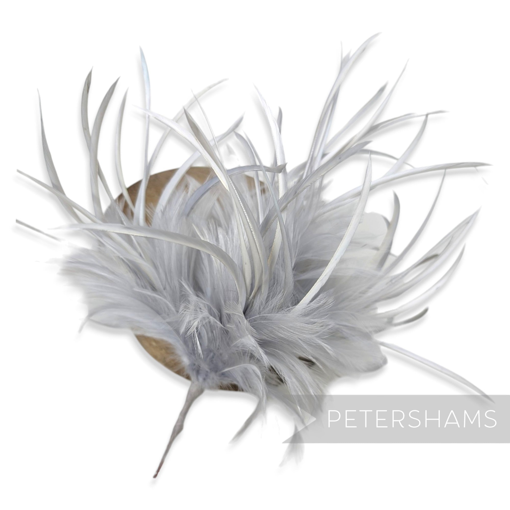 Petershams Millinery Supplies mega fluffy grey hackle and goose biot feather hat mount with five wired sections.