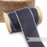 Petershams Millinery Supplies 36mm dark grey French velvet ribbon on a wooden spool with a luxurious sheen and soft pile